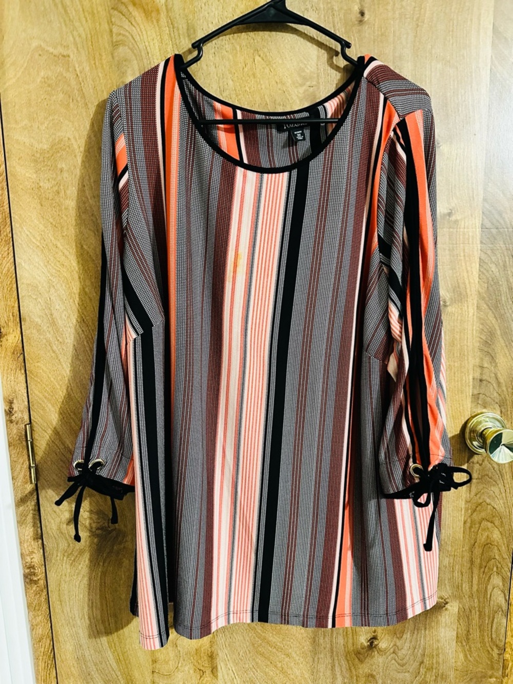 Roz & Ali Striped Tunic Top in Coral, Black, Cream and Brown
